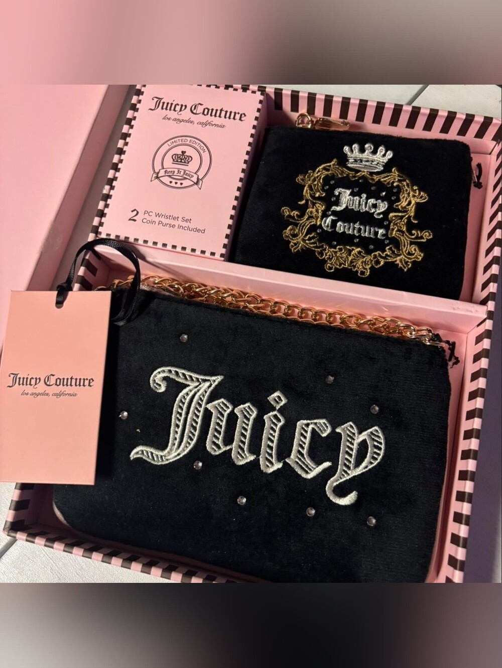 Juicy Couture Black Velvet Wristlet Set with Gold Accents